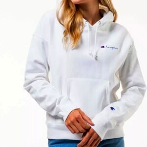 Champion Reverse Weave White Hoodie Small Classic Pullover Sweater Logo Embroide